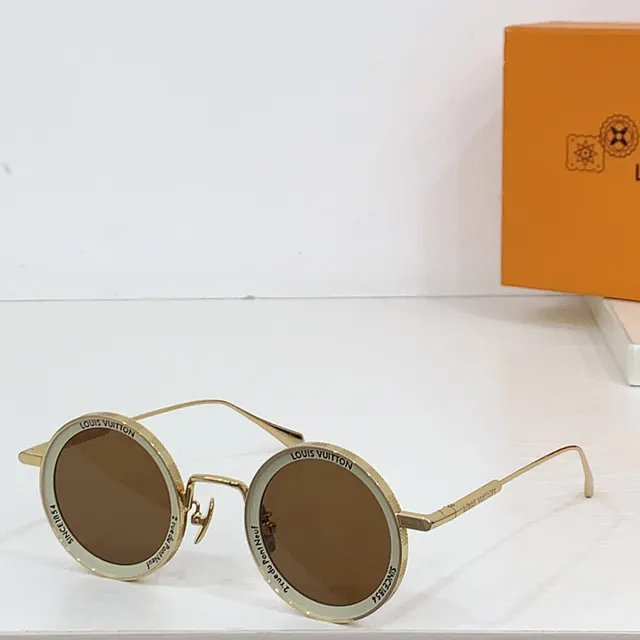 Louis Vuitton Lunettes de soleil cadre métal rond doré marron fin double pont 6