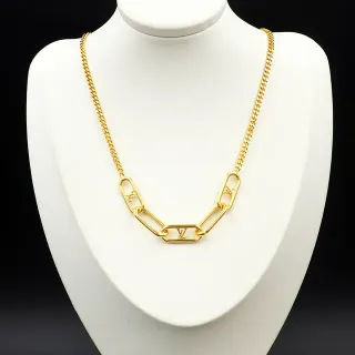 Louis Vuitton Gold Curb Chain Monogram-Engraved Oval Links Necklace