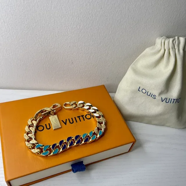 Louis Vuitton Gold Multicolor Curb Chain Enamel-Inlaid Links Bracelet 6