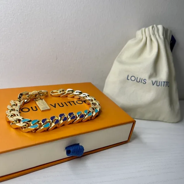 Louis Vuitton Gold Multicolor Curb Chain Enamel-Inlaid Links Bracelet 9