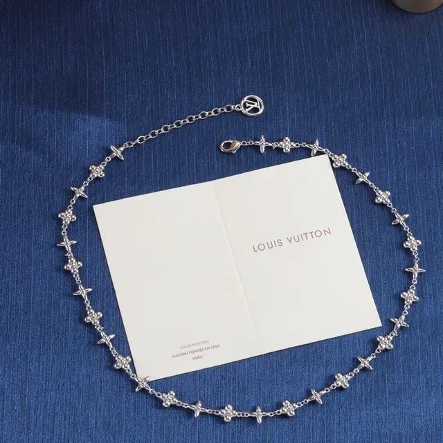 Louis Vuitton Gold Silver Chain-Link Floral-Star Motif Necklace 4