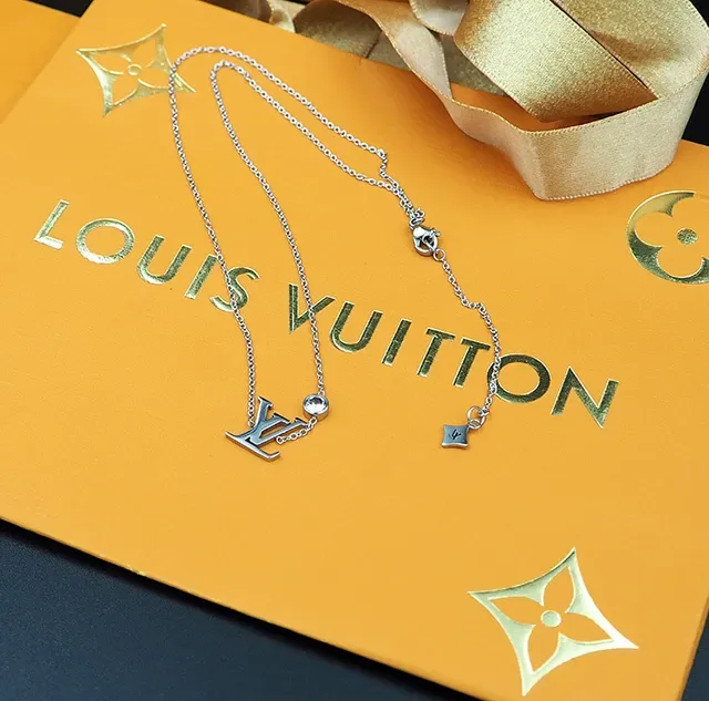 Louis Vuitton Gold Silver Monogram Pendant Crystal Accent Necklace 4