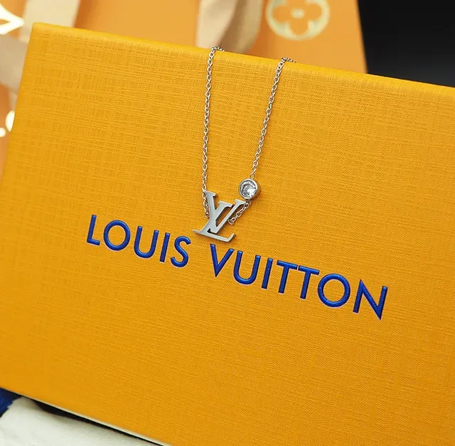 Louis Vuitton Gold Silver Monogram Pendant Crystal Accent Necklace 5