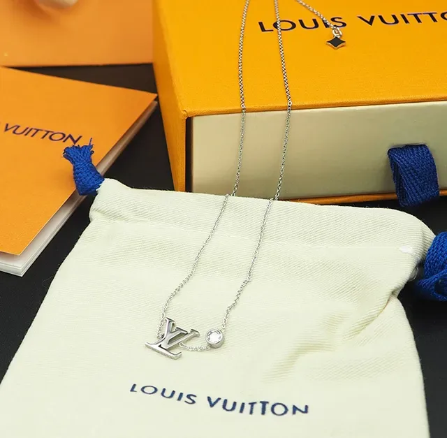 Louis Vuitton Gold Silver Monogram Pendant Crystal Accent Necklace 8