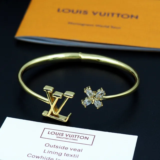 Bracelet Louis Vuitton doré LV monogramme et fleur de cristal ouvert 3