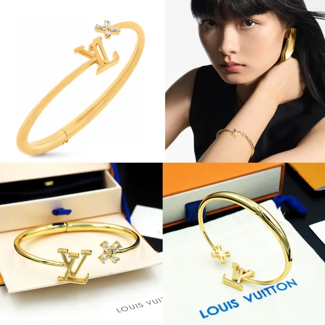 Bracelet Louis Vuitton doré LV monogramme et fleur de cristal ouvert 8