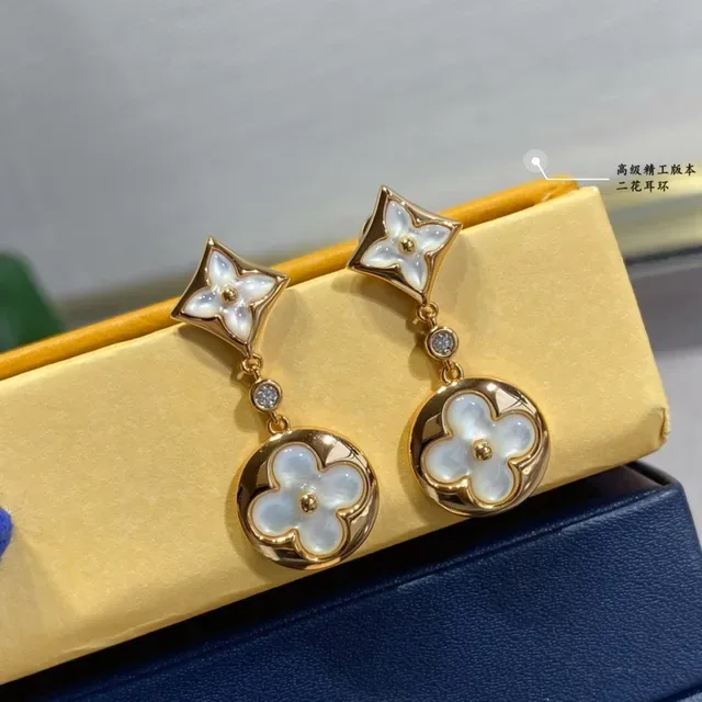 Louis Vuitton Gold White Metal Mother-of-Pearl Floral Inlays Earrings 2