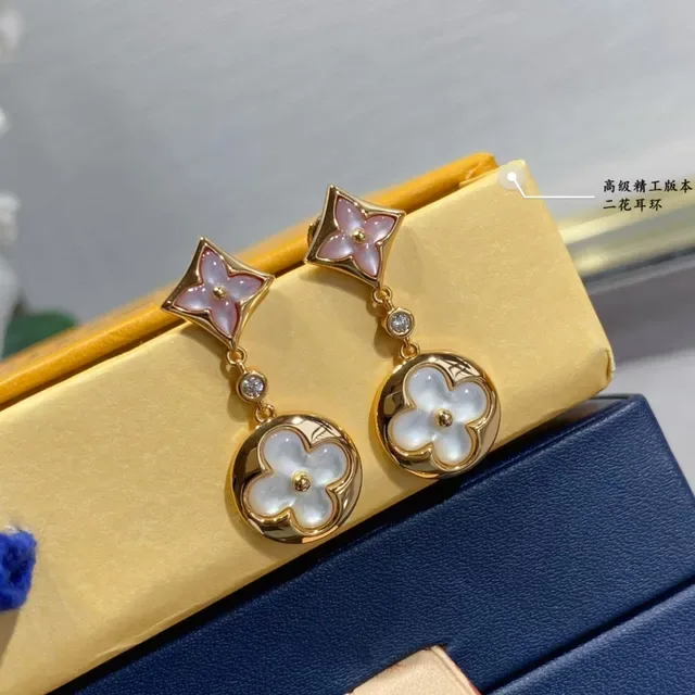 Louis Vuitton Gold White Metal Mother-of-Pearl Floral Inlays Earrings 3