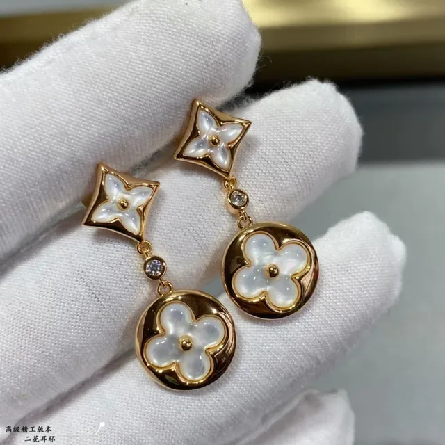Louis Vuitton Gold White Metal Mother-of-Pearl Floral Inlays Earrings 6