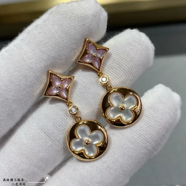 Louis Vuitton Gold White Metal Mother-of-Pearl Floral Inlays Earrings 7