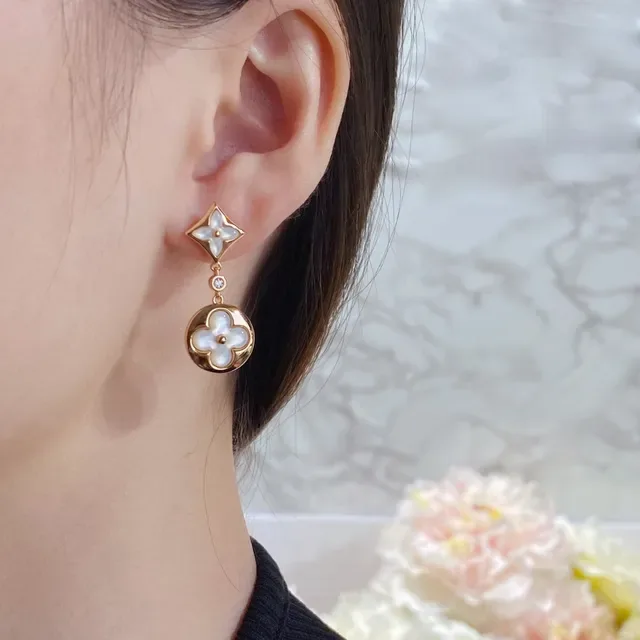 Louis Vuitton Gold White Metal Mother-of-Pearl Floral Inlays Earrings 8