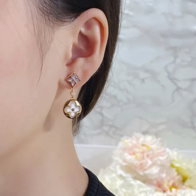 Louis Vuitton Gold White Metal Mother-of-Pearl Floral Inlays Earrings 9