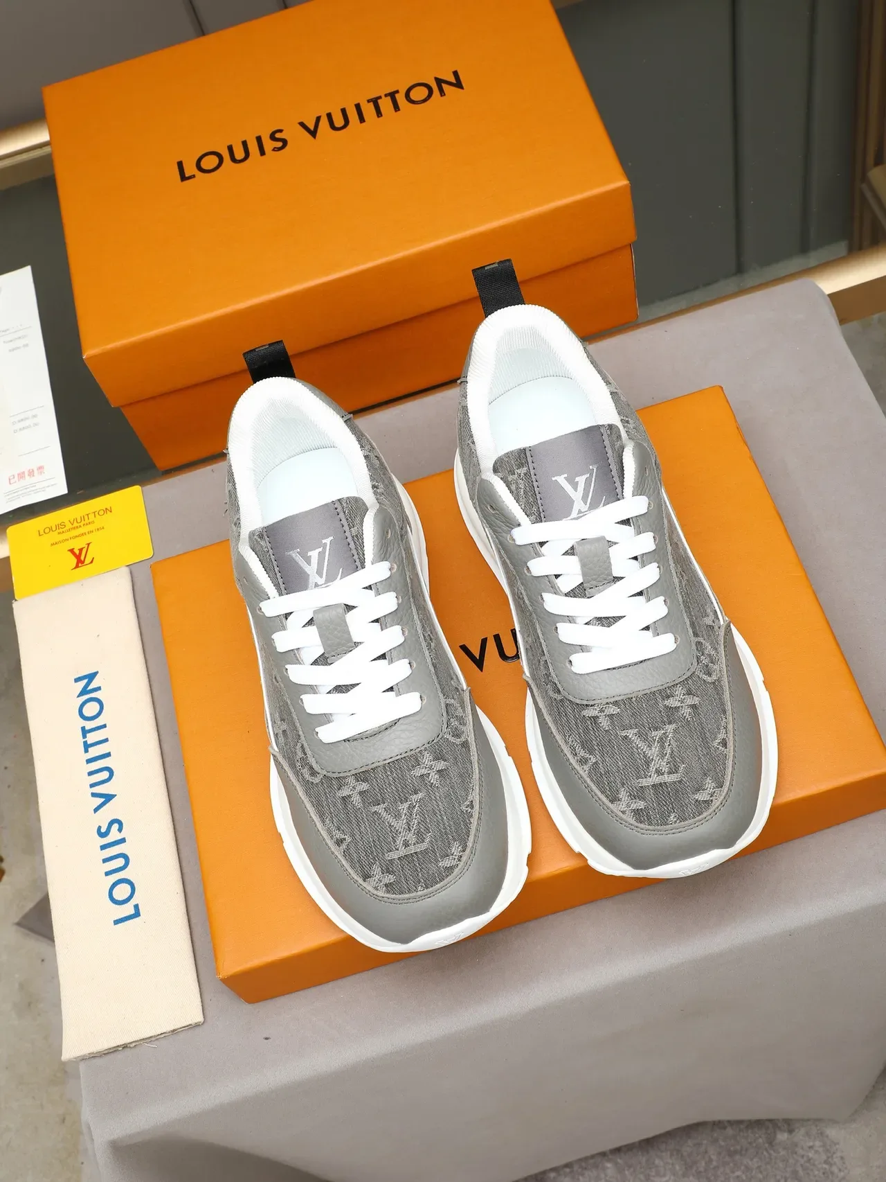 Louis Vuitton Gray White Monogram Jacquard Upper Textured Leather Overlays Lifestyle Sneakers 2