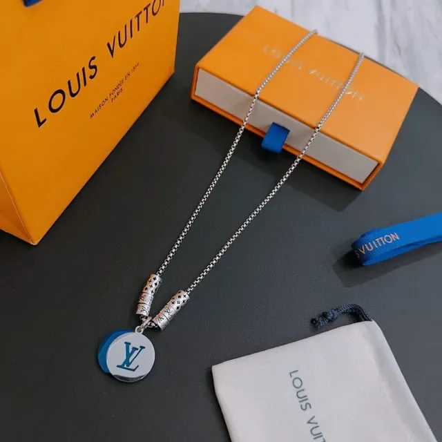 Louis Vuitton Iconic Charm Necklace Silver Blue Orange Disc Pendant Necklace 5