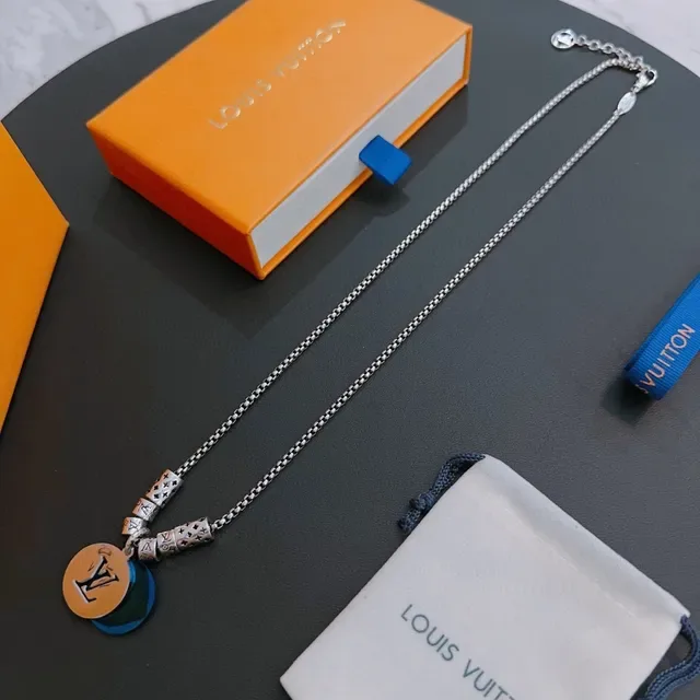 Louis Vuitton Iconic Charm Necklace Silver Blue Orange Disc Pendant Necklace 6