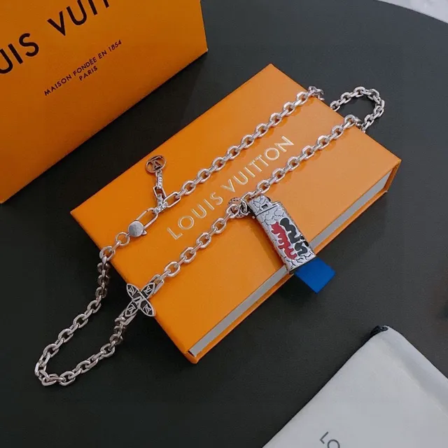 Louis Vuitton Lighter and Cross Pendant Silver Chain Necklace 3