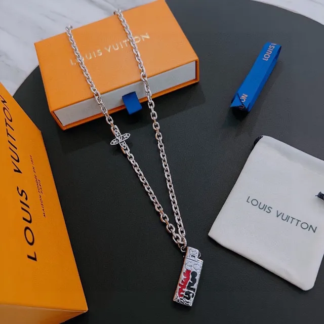 Louis Vuitton Lighter and Cross Pendant Silver Chain Necklace 5