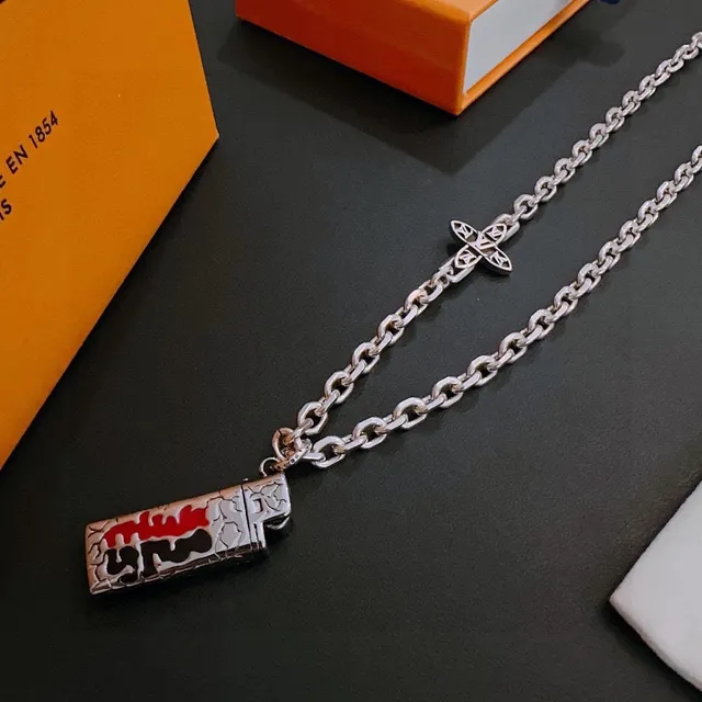 Louis Vuitton Lighter and Cross Pendant Silver Chain Necklace 6