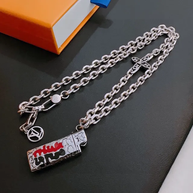 Louis Vuitton Lighter and Cross Pendant Silver Chain Necklace 8