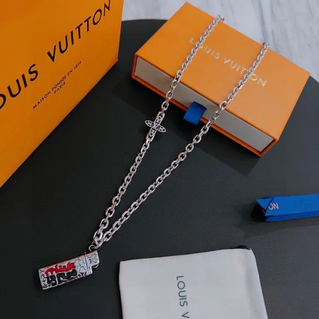 Louis Vuitton Lighter and Cross Pendant Silver Chain Necklace 9