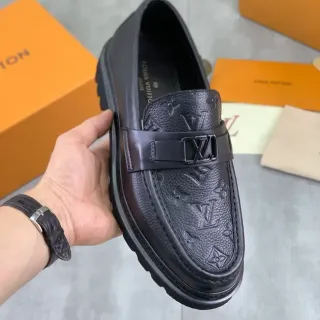 Louis Vuitton Loafer Black Embossed Monogram Leather LV Buckle Strap Loafer