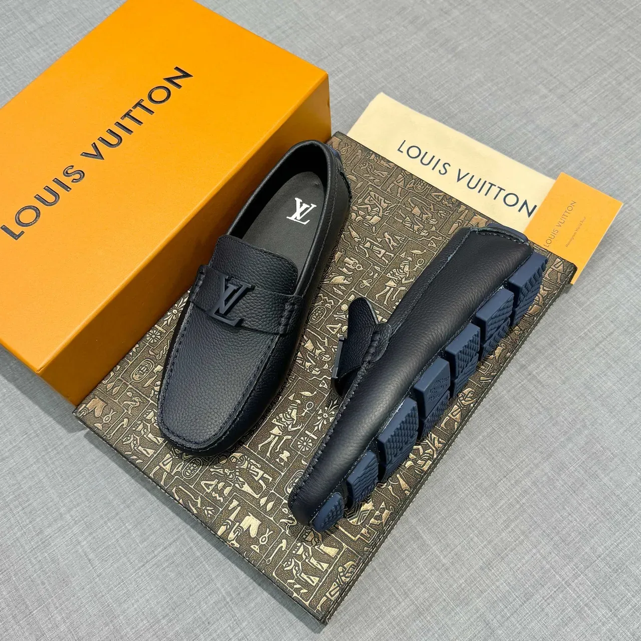 Louis Vuitton Loafer Black Gray Pebbled Leather Metal LV Buckle Loafer 2