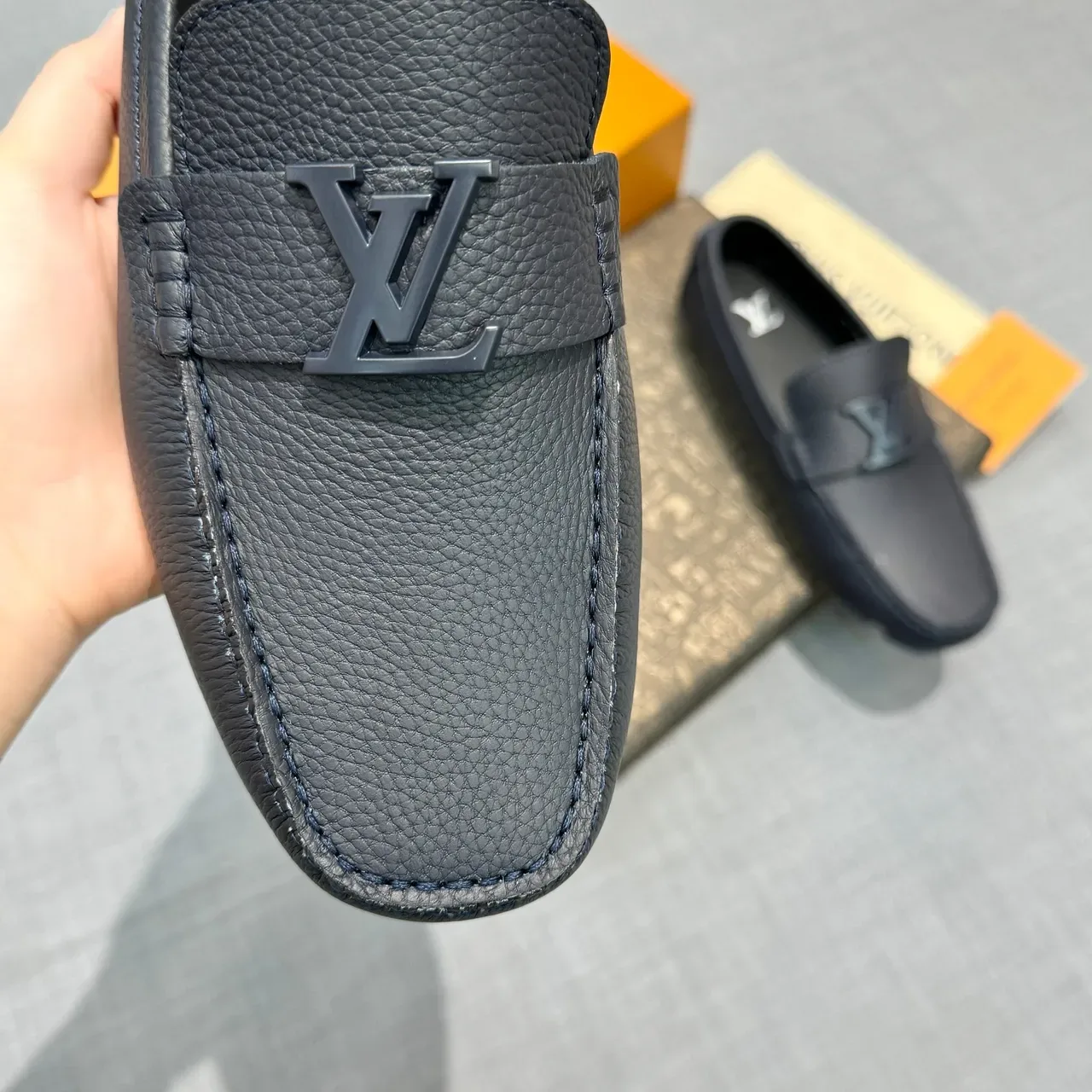 Louis Vuitton Loafer Black Gray Pebbled Leather Metal LV Buckle Loafer 3