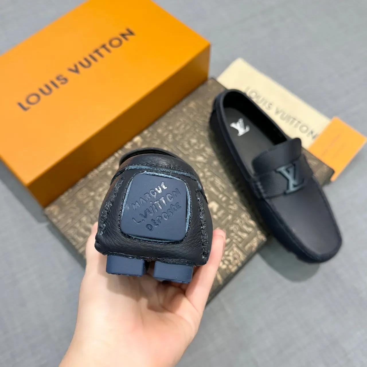 Louis Vuitton Loafer Black Gray Pebbled Leather Metal LV Buckle Loafer 4