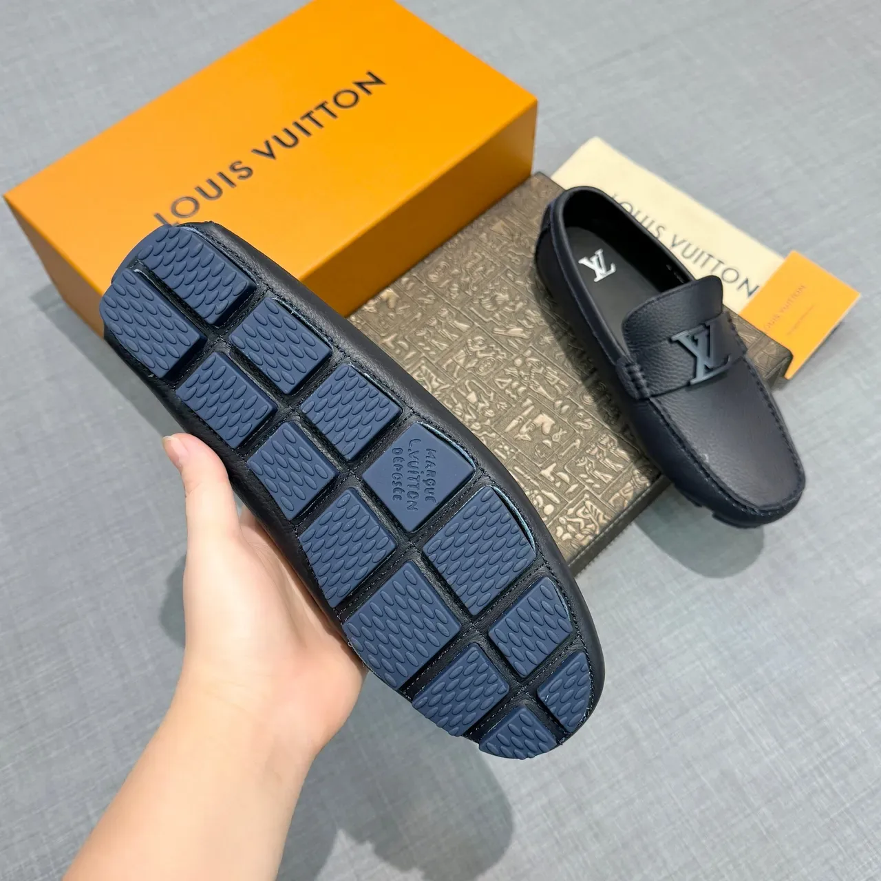 Louis Vuitton Loafer Black Gray Pebbled Leather Metal LV Buckle Loafer 5