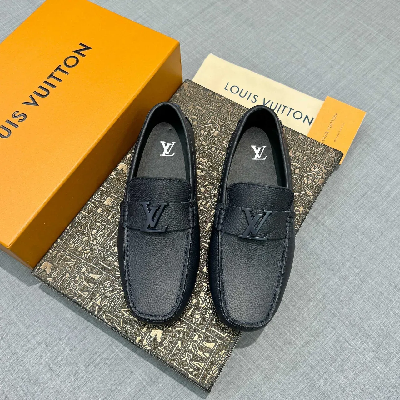 Louis Vuitton Loafer Black Gray Pebbled Leather Metal LV Buckle Loafer 6
