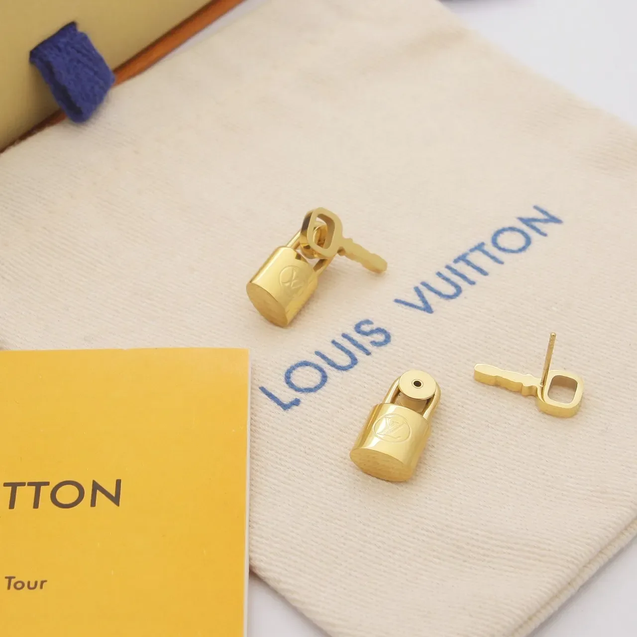 Louis Vuitton Lock and Key Gold Silver Motif Polished Metal Earrings 3