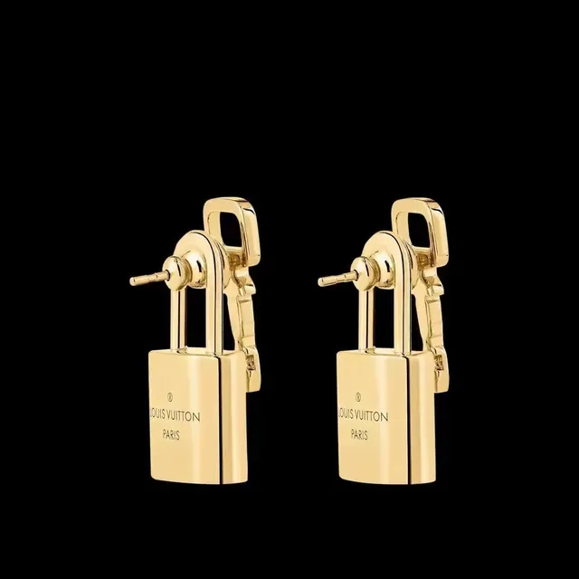 Louis Vuitton Lock and Key Gold Silver Motif Polished Metal Earrings 6