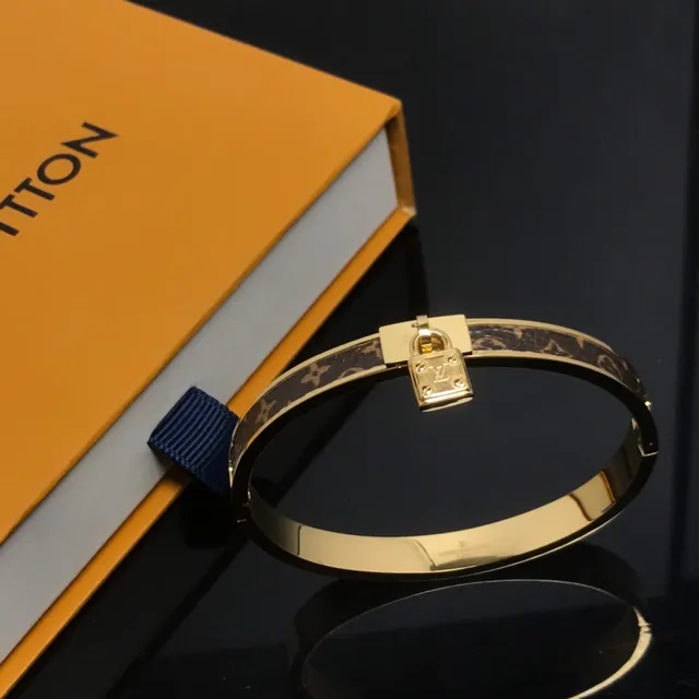 Louis Vuitton Lockit Gold Brown Metal Monogram Canvas Inlay Bracelet 2