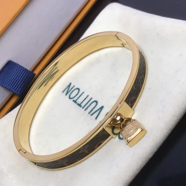 Louis Vuitton Lockit Gold Brown Metal Monogram Canvas Inlay Bracelet 3