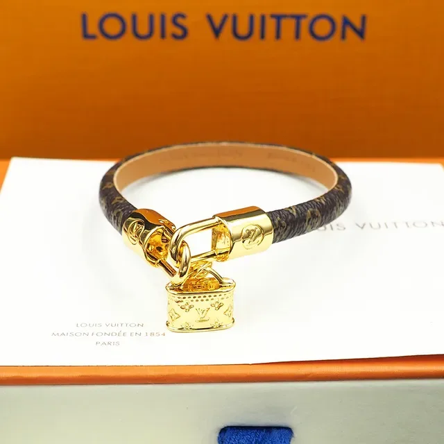 Louis Vuitton Lockit Monogram Leather Gold-Tone Padlock Bracelet 3
