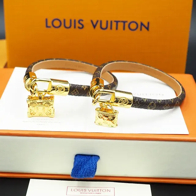 Louis Vuitton Lockit Monogram Leather Gold-Tone Padlock Bracelet 5