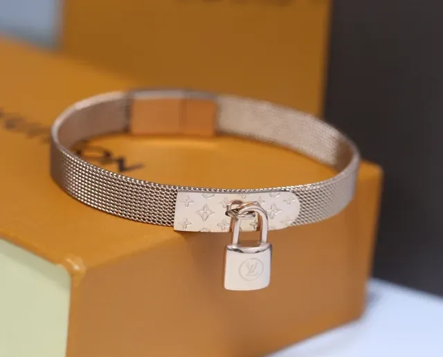 Louis Vuitton Lockit Silver Mesh Band Monogram-Engraved Plate Bracelet 3