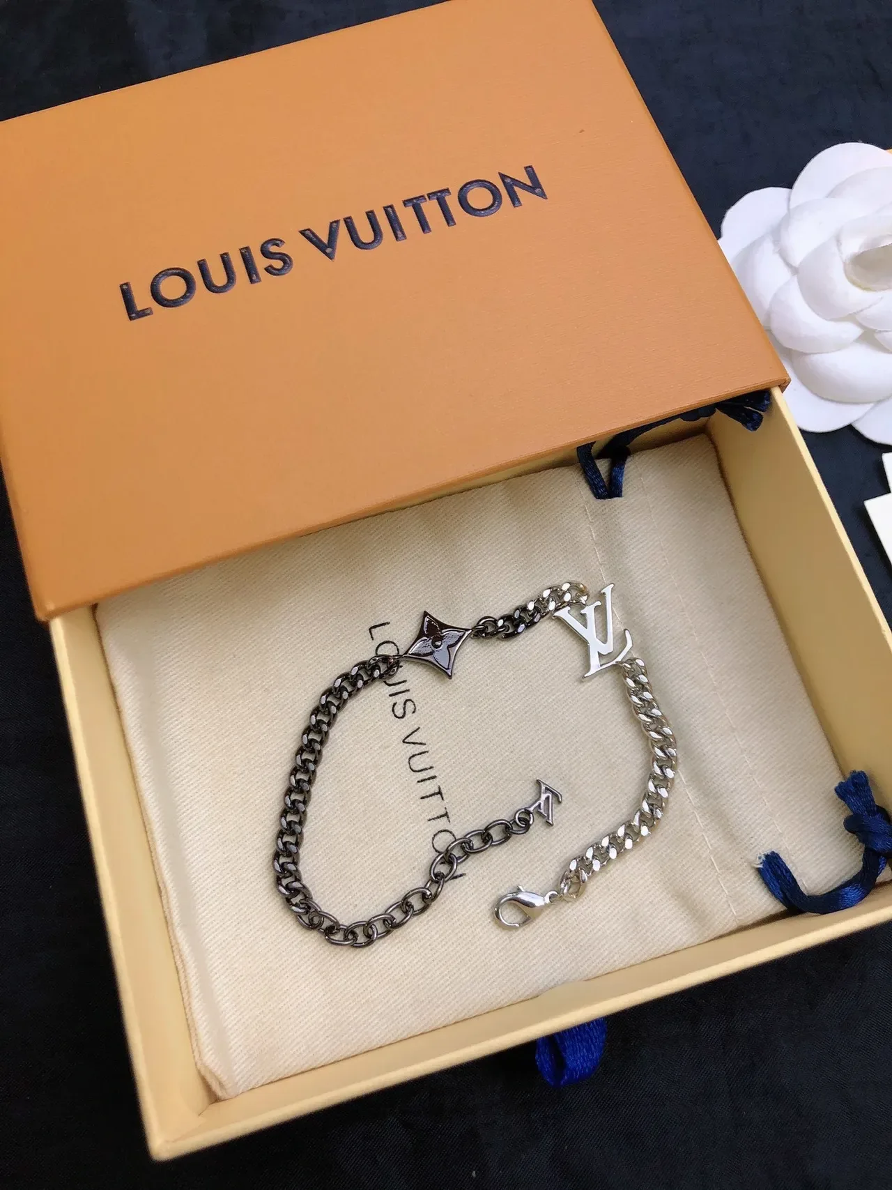 Louis Vuitton LV Chain Silver Black Dual-Tone Curb Interlocking Logo Charm Bracelet 2