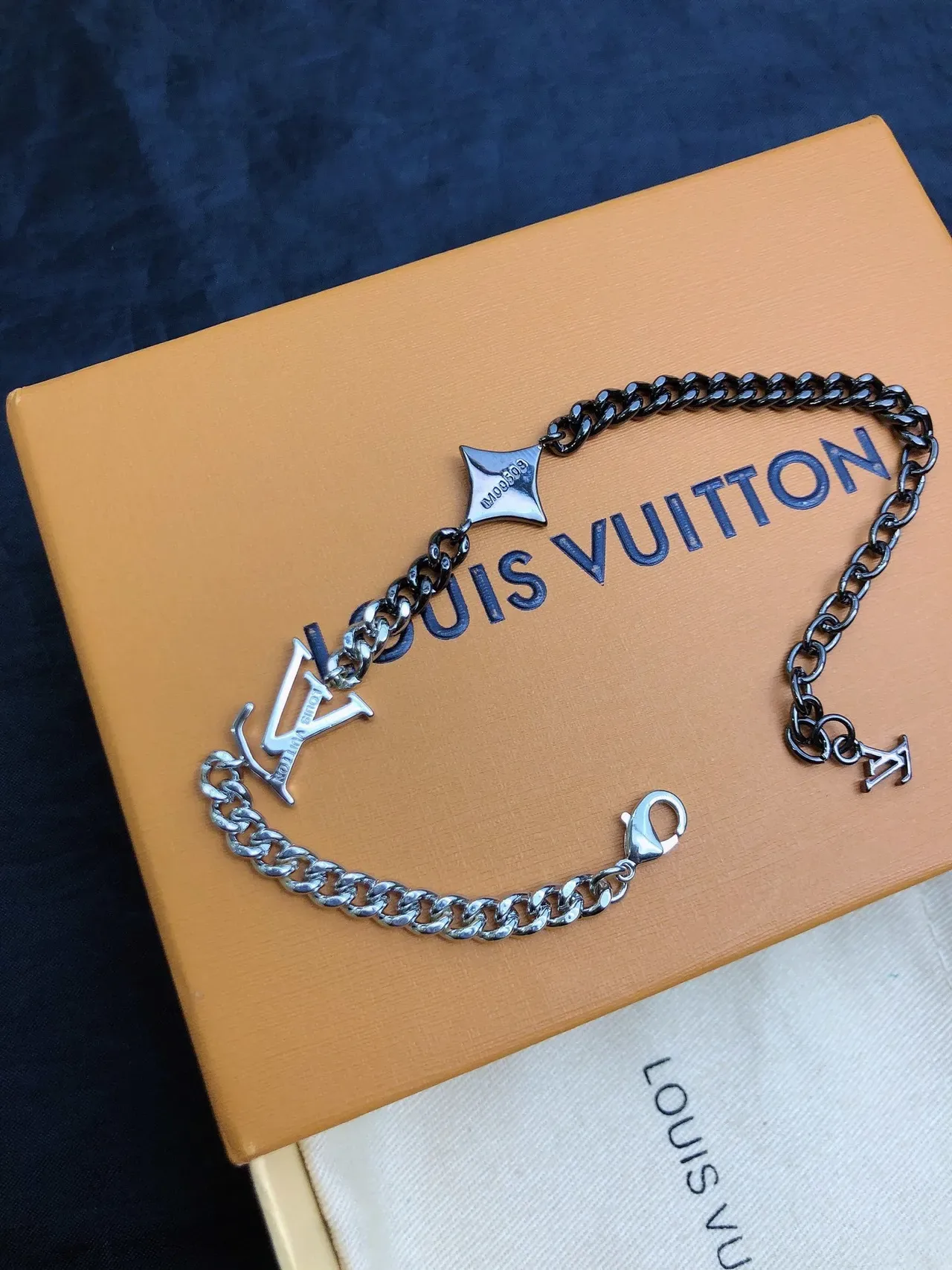 Louis Vuitton LV Chain Silver Black Dual-Tone Curb Interlocking Logo Charm Bracelet 3