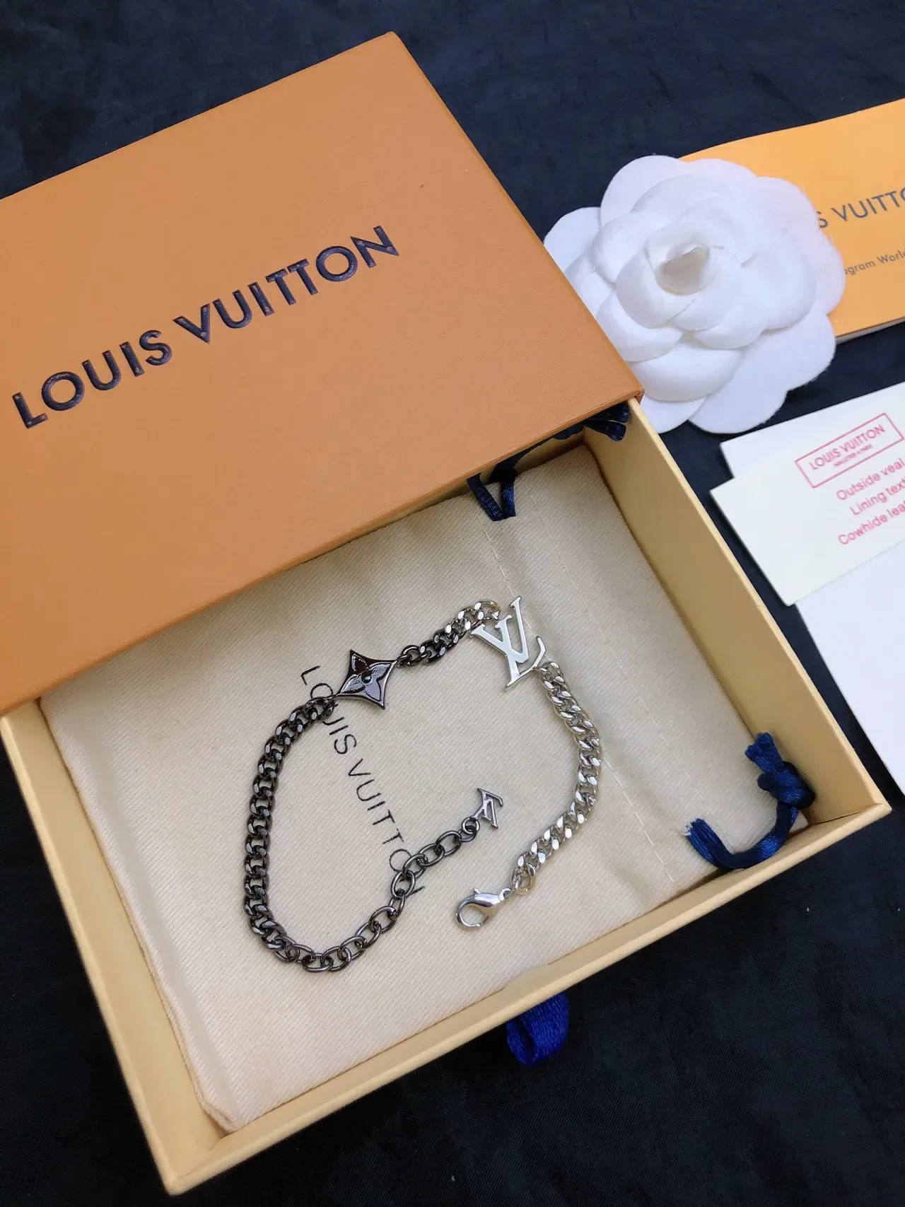 Louis Vuitton LV Chain Silver Black Dual-Tone Curb Interlocking Logo Charm Bracelet 4