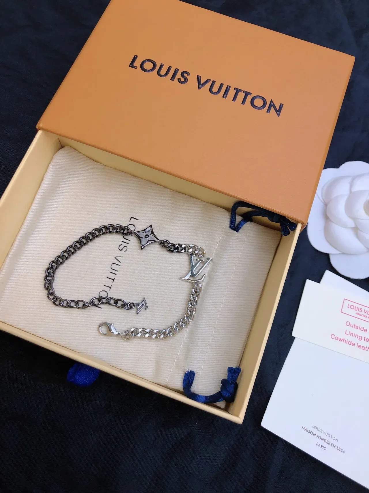 Louis Vuitton LV Chain Silver Black Dual-Tone Curb Interlocking Logo Charm Bracelet 5