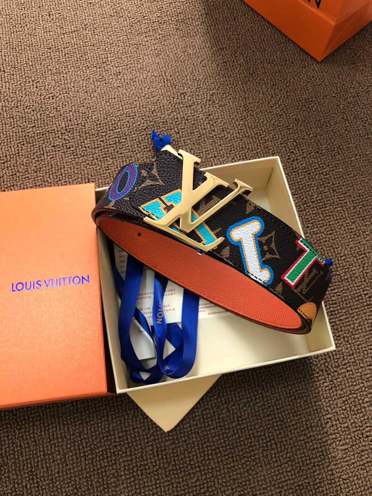 Louis Vuitton LV Graffiti Multicolor Brown Monogram Canvas Lettering Leather Belt 6