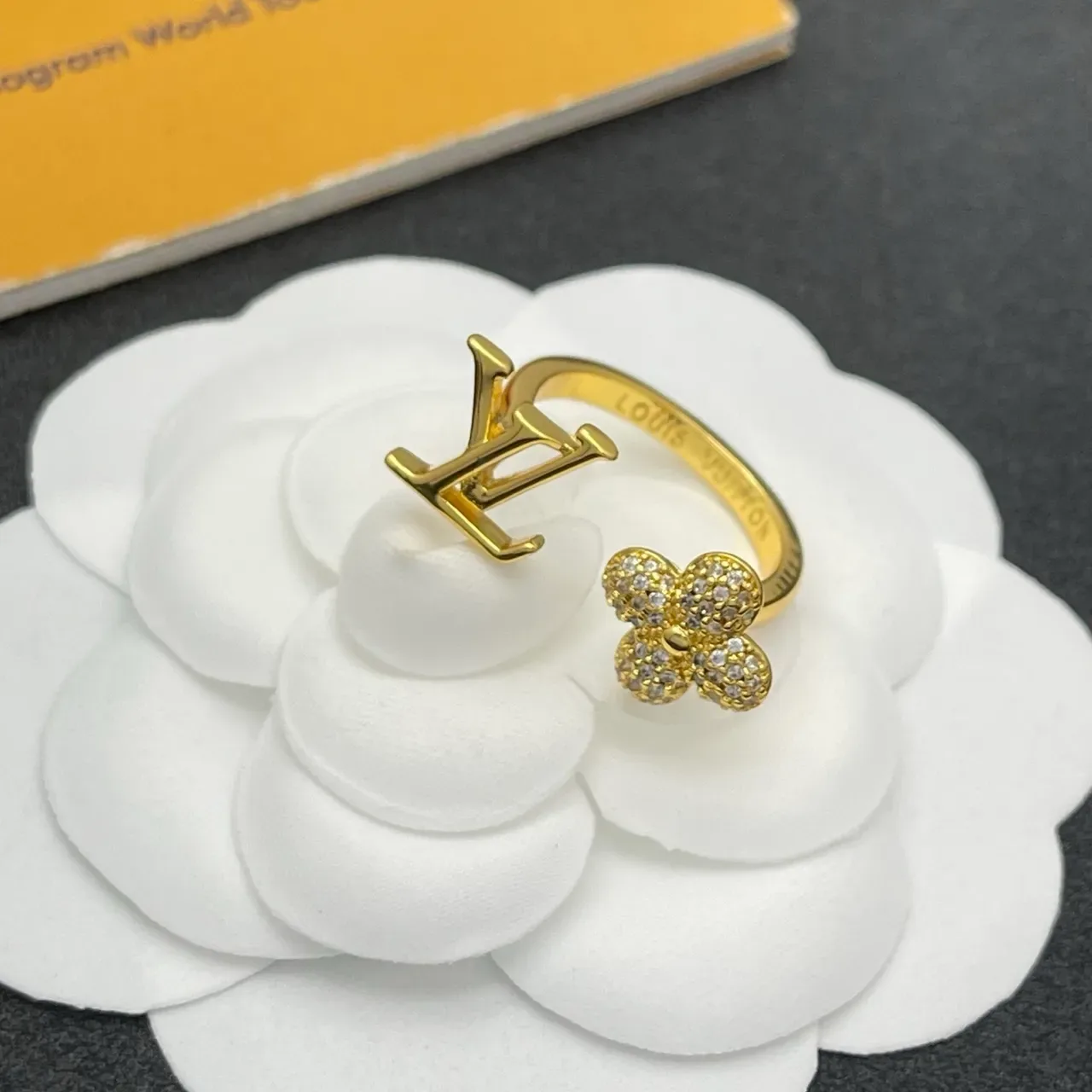 Louis Vuitton LV Monogram and Crystal Flower Gold Ring 5