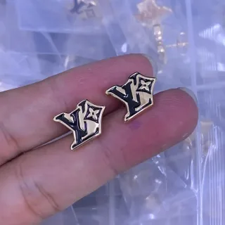 Louis Vuitton LV Monogram Enamel Gold and Black Stud Earrings