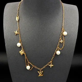 Louis Vuitton LV Monogram Pearls Gold White Layered Chain Pearl Drop Charms Necklace