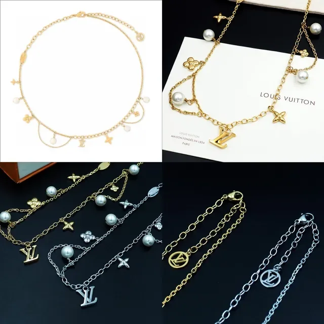 Collier Louis Vuitton LV Monogram Perles Dorées et Blanches Chaîne Multicouche Charms de Perle 12