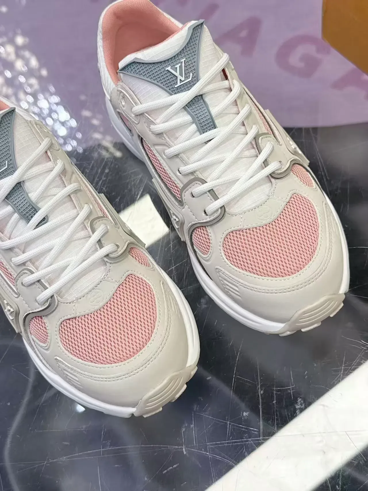 Louis Vuitton LV Trainer Beige Pink Sole Mesh And Leather Paneling Chunky Sneakers 5
