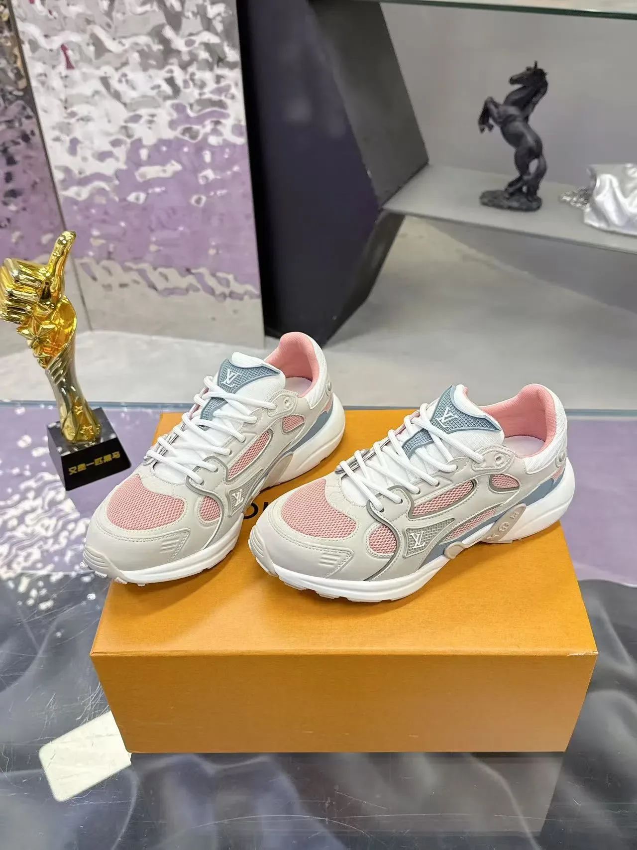 Louis Vuitton LV Trainer Beige Pink Sole Mesh And Leather Paneling Chunky Sneakers 6