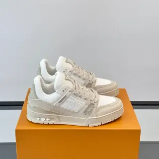 Louis Vuitton LV Trainer Beige White Structured Strap Overlay Textured Mesh And Leather Panels Lifestyle Sneakers