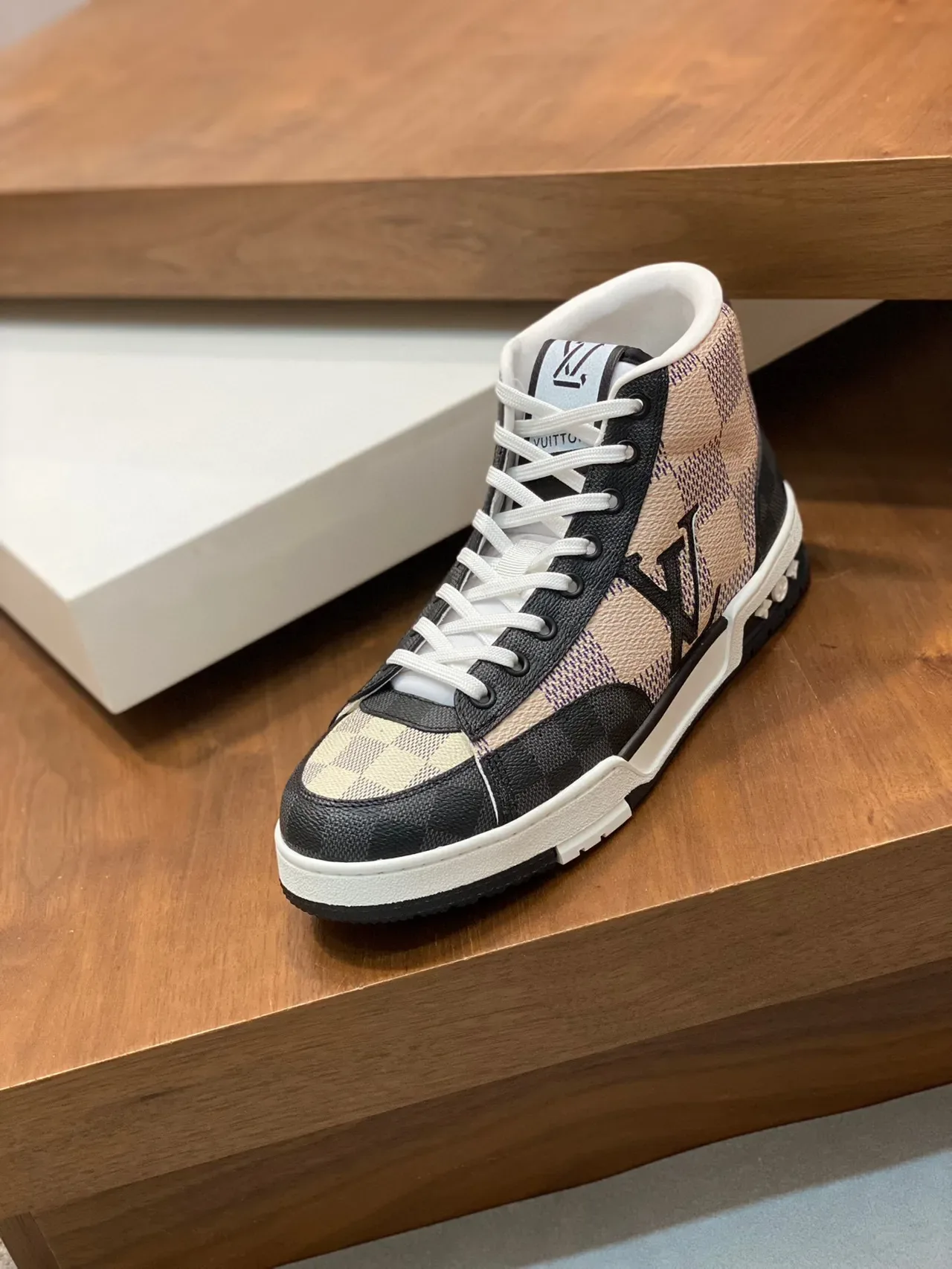 Louis Vuitton LV Trainer Noir Beige High-Top Damier Checkerboard Sneakers Lifestyle 5